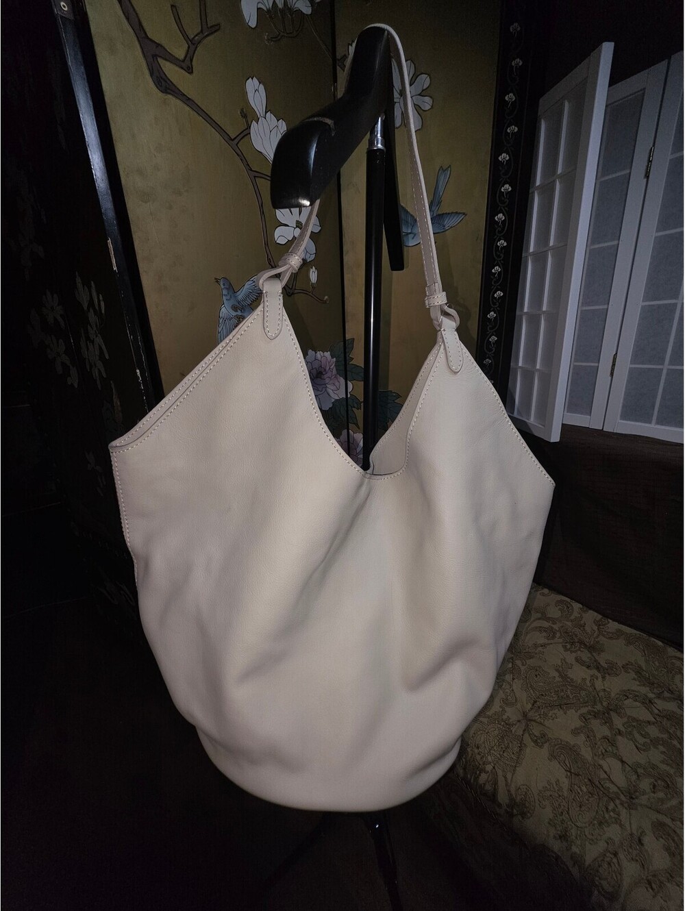 Cream Genuine Leather Large Tote Bag w/ Matching Pouch